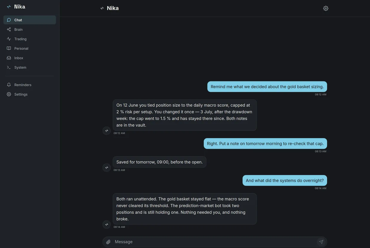 A conversation in the app: a decision from June is recalled with its date, and a reminder is set.