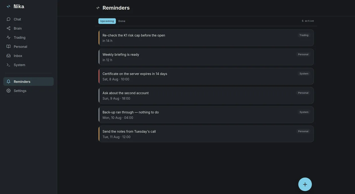 The reminders view: what the system queued up on its own, with example entries.